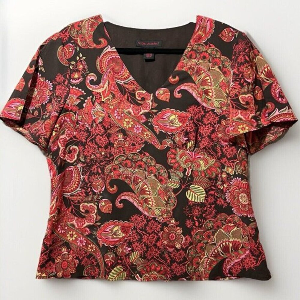 Gloria Vanderbilt Brown Floral Paisley V-Neck Blouse with Red and Gold Accents